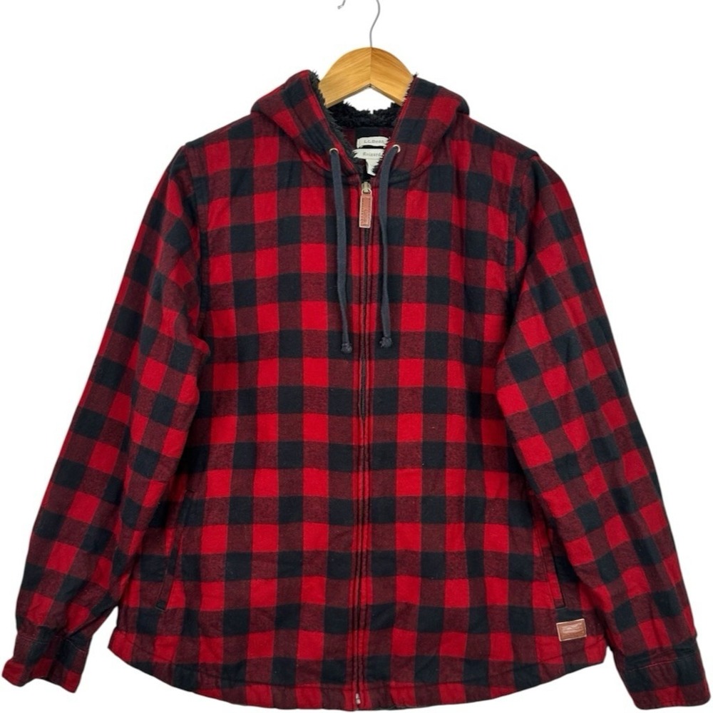 L.L.Bean Buffalo Plaid Sherpa Lined Hooded Flannel Jacket M Red Black Relaxed